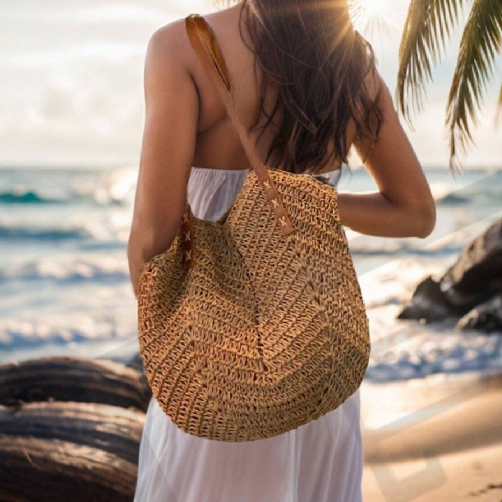 Boho Straw Vegan Leather Strap Medium size Tote Shoulder Bag